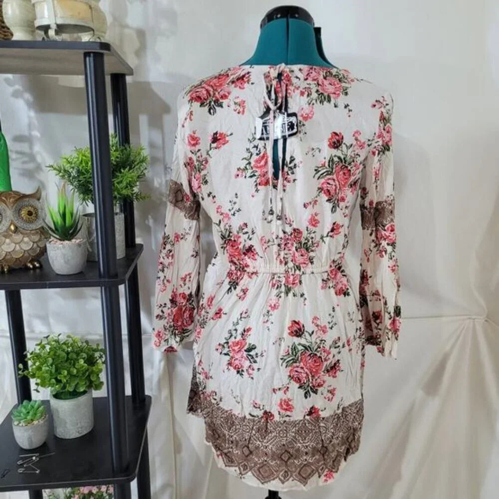 Angie Deep V-Neck Floral Cottagecore Boho Mini Dress - Size Small - Picture 4 of 9
